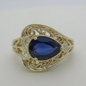 14k Blue Sapphire Diamond Ring Natural Pear Jewelry Filigree Sophia Fiori 6 1/2